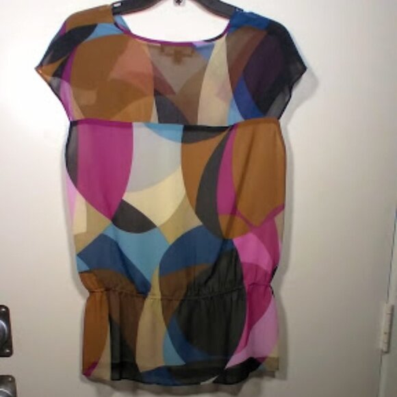 Ellen Tracy Colorful Semi Sheer V-Neck Top with Cap Sleeves Size: M - Picture 6 of 11